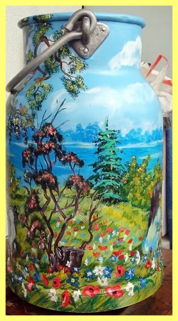painted milk can - Children on a lake (sold) - Click Image to Close