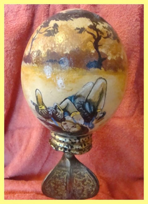 Painted Ostrich Egg with stand - snake charmer (sold) - Click Image to Close