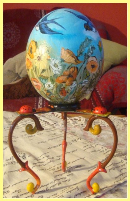 Painted Ostrich Egg with stand - Flower meadow (sold) - Click Image to Close