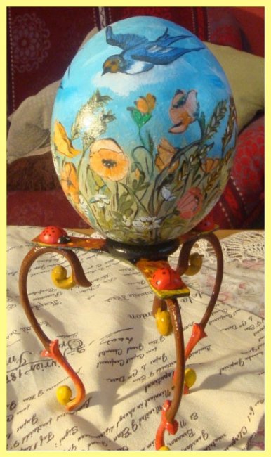 Painted Ostrich Egg with stand - Flower meadow (sold) - Click Image to Close