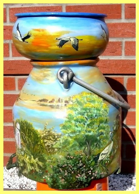 painted milk can in oil - Flight of cranes (sold) - Click Image to Close