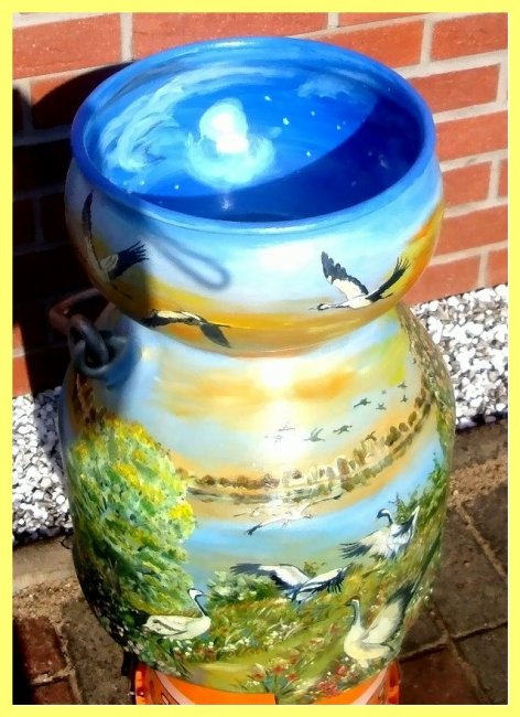 painted milk can in oil - Flight of cranes (sold) - Click Image to Close