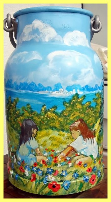 bemalte Milchkanne - Kinder am See (verkauft) - zum Schließen ins Bild klicken