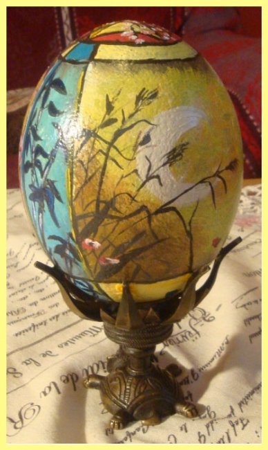 Painted Ostrich Egg with stand - meadow in the moon (sold) - Click Image to Close
