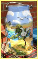painted milk can in oil - East Sea on evening