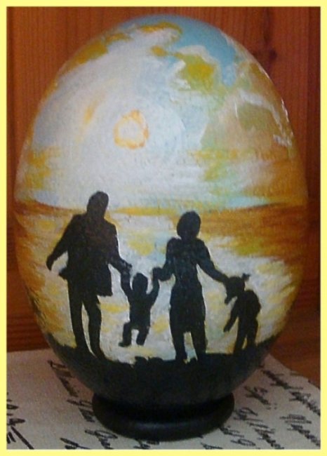 Painted Ostrich Egg - family in sundown (sold) - Click Image to Close