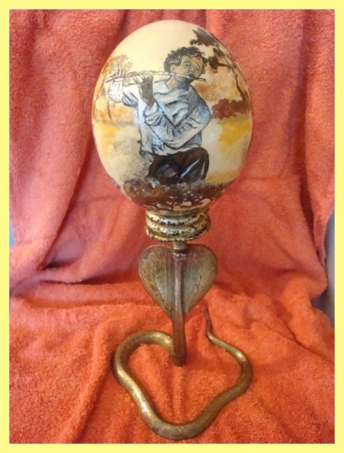 Painted Ostrich Egg with stand - snake charmer (sold) - Click Image to Close