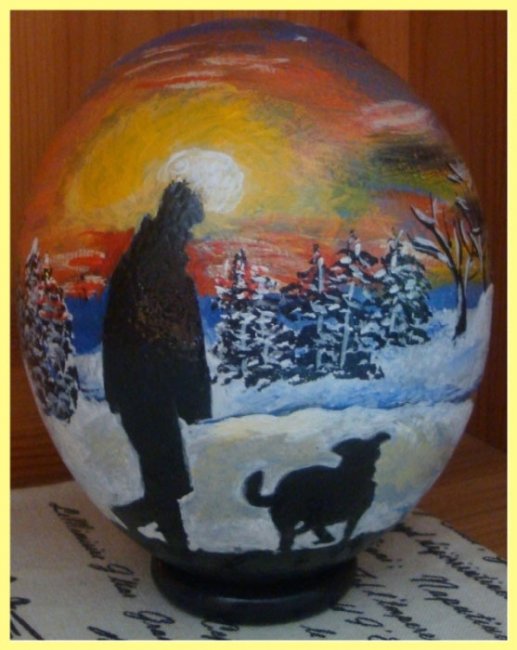 Painted Ostrich Egg - winter sundown (sold) - Click Image to Close