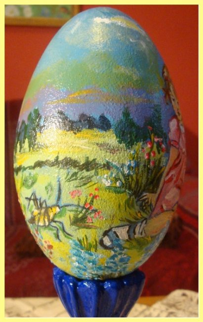 Painted Swan Egg with stand - nice day (sold) - Click Image to Close