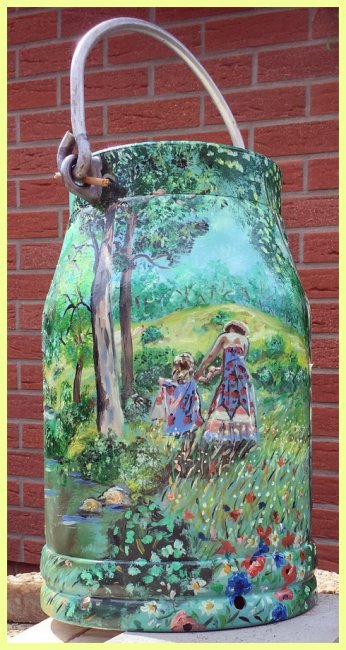 painted milk can in oil - Children at the village pond - Click Image to Close