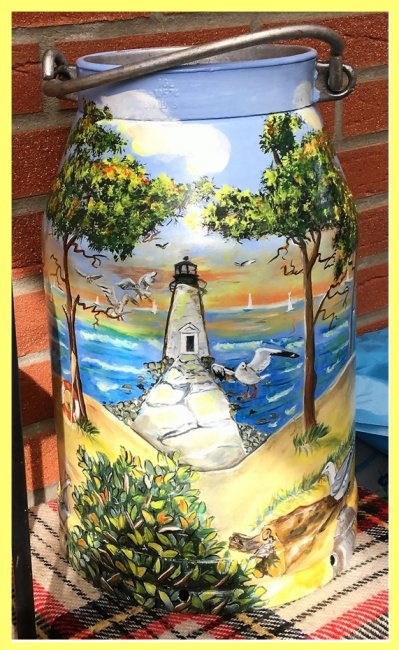 painted milk can in oil - East Sea on evening - Click Image to Close