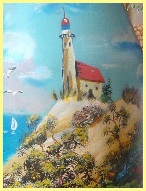 bemalte Milchkanne - Leuchtturm am Meer (verkauft) - zum Schließen ins Bild klicken