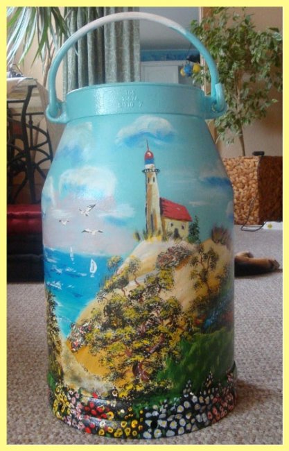 bemalte Milchkanne - Leuchtturm am Meer (verkauft) - zum Schließen ins Bild klicken